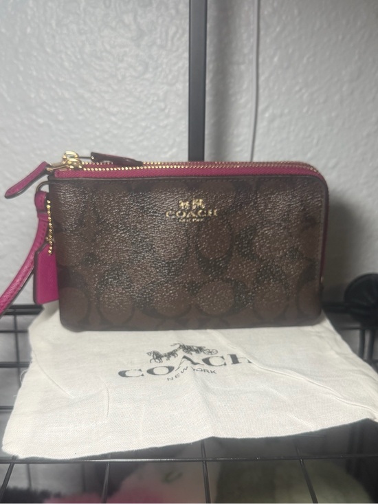 Coach Handbags - Coach Double Corner Zip Wristlet Brown Signature Fuchsia Pink Wristlet Wallet